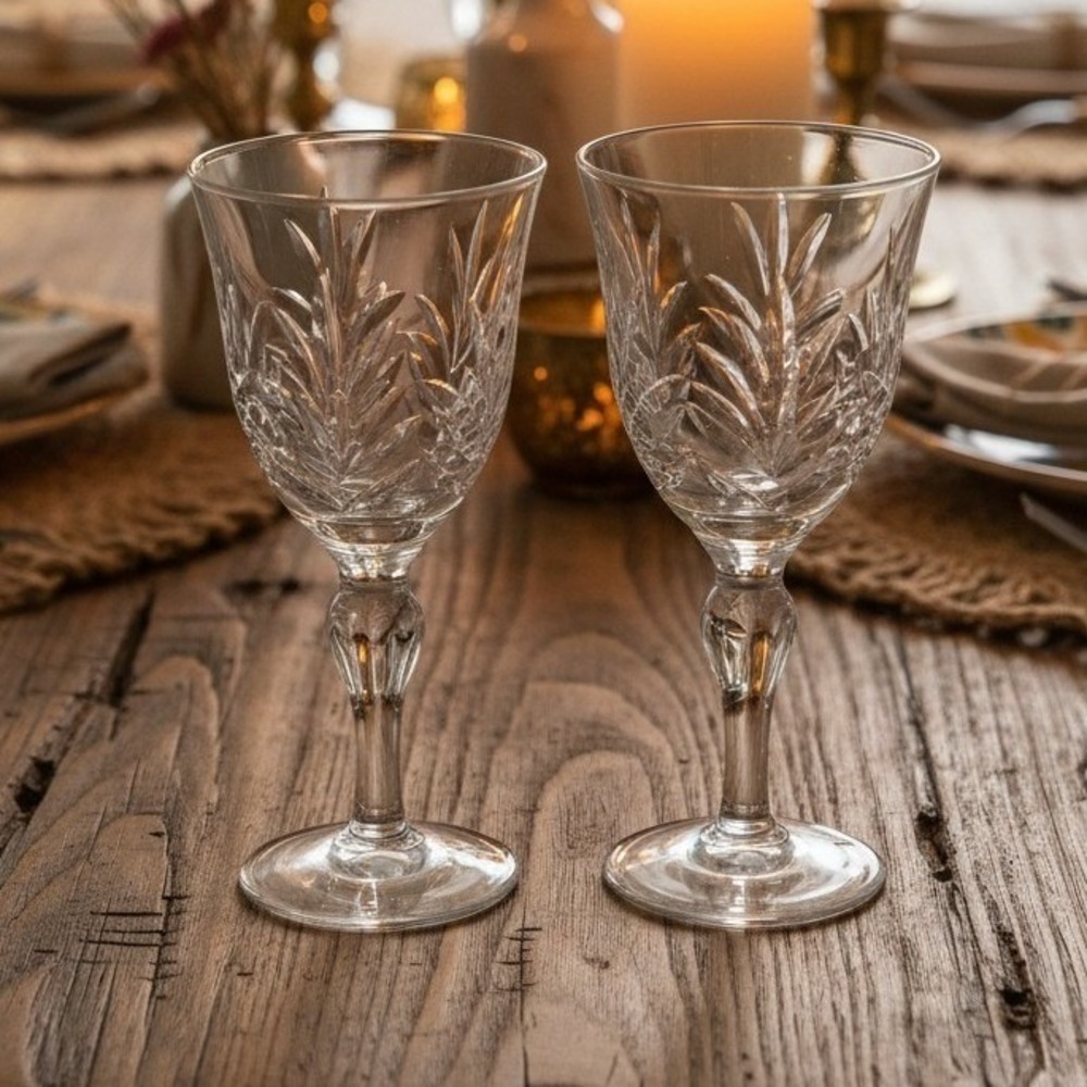 Stuart England Crystal Claret Wine Glasses, Set of 2, Cut Fern Pattern Stemware